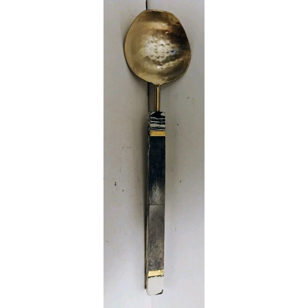 Anthropologie Hammered Brass Serving Spoon Black White Marbled Resin Handle